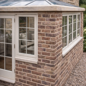 Ancaster base bed once weathered coping stones with chamfered outer edge finish on a brick orangery with glass lantern roof