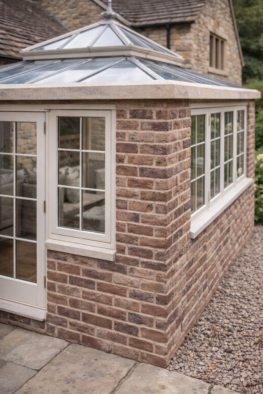 Ancaster base bed once weathered coping stones with chamfered outer edge finish on a brick orangery with glass lantern roof