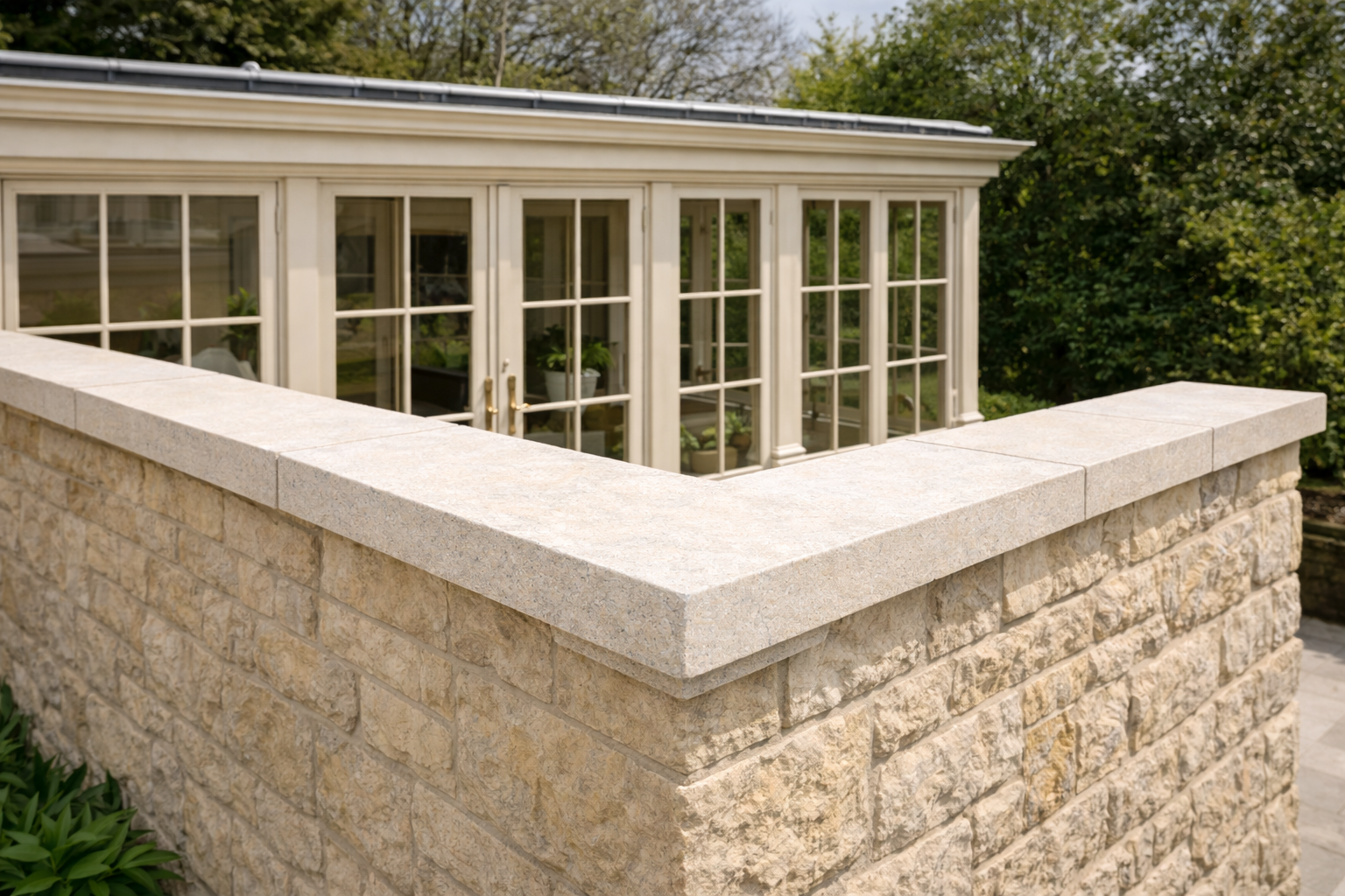Bathstone flat coping stones on a brick orangery wall with smooth light stone finish and square edges.