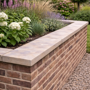 Ancaster base bed flat square edge coping stones on a raised brick planter with landscaped garden planting
