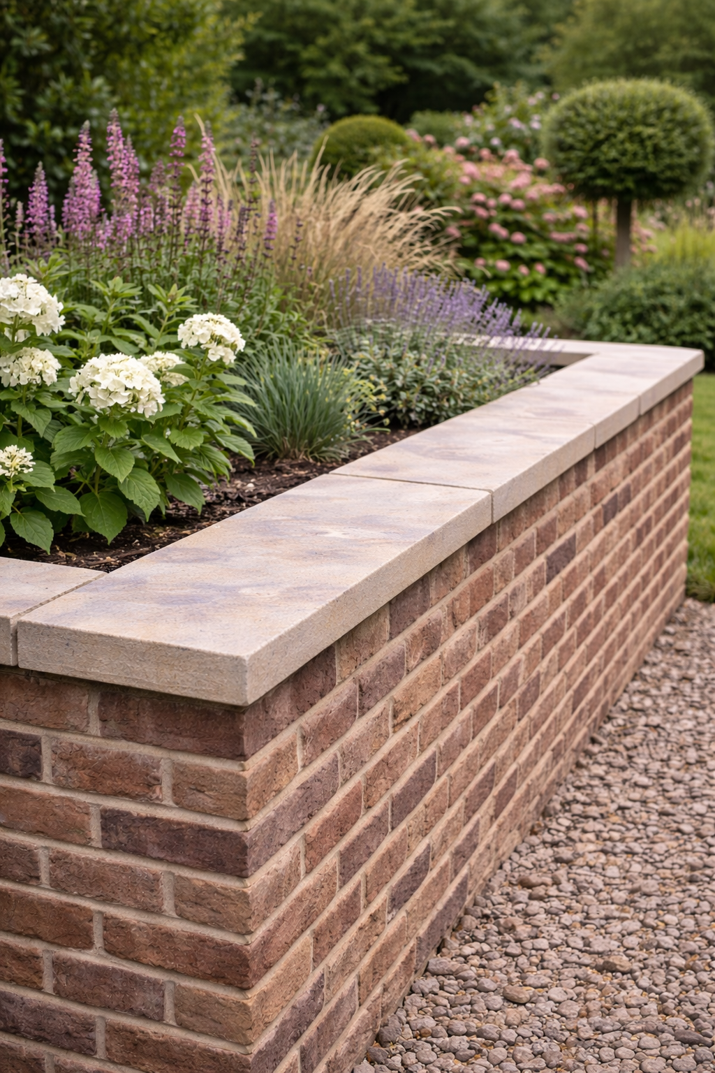 Ancaster base bed flat square edge coping stones on a raised brick planter with landscaped garden planting