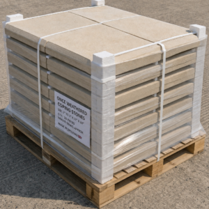 scotch buff once weathered coping stones pallet stacked wrapped construction site delivery