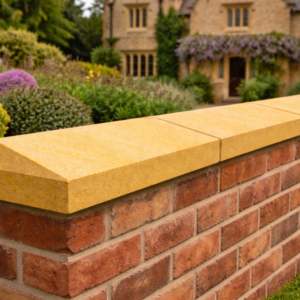 600x300 twice weathered Guiting stone coping stones on a wall in the UK, showing a natural finish and consistent detail.