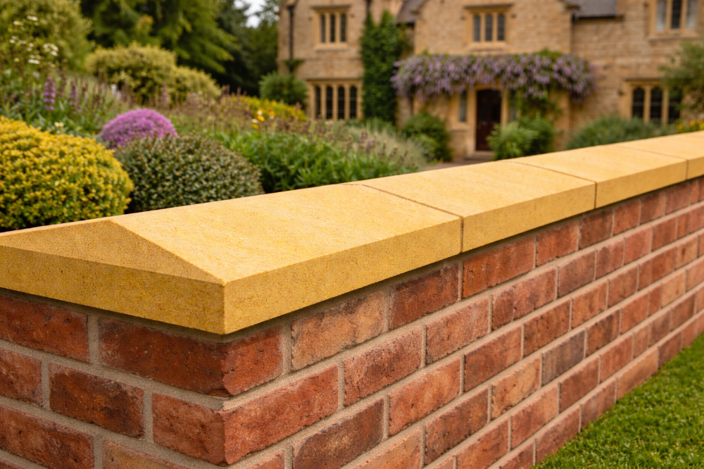 600x300 twice weathered Guiting stone coping stones on a wall in the UK, showing a natural finish and consistent detail.