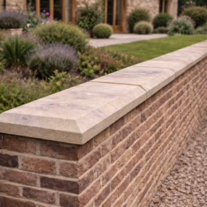 Chamfered edge limestone coping stones installed on a brick garden wall with a landscaped garden and stone property in the background.