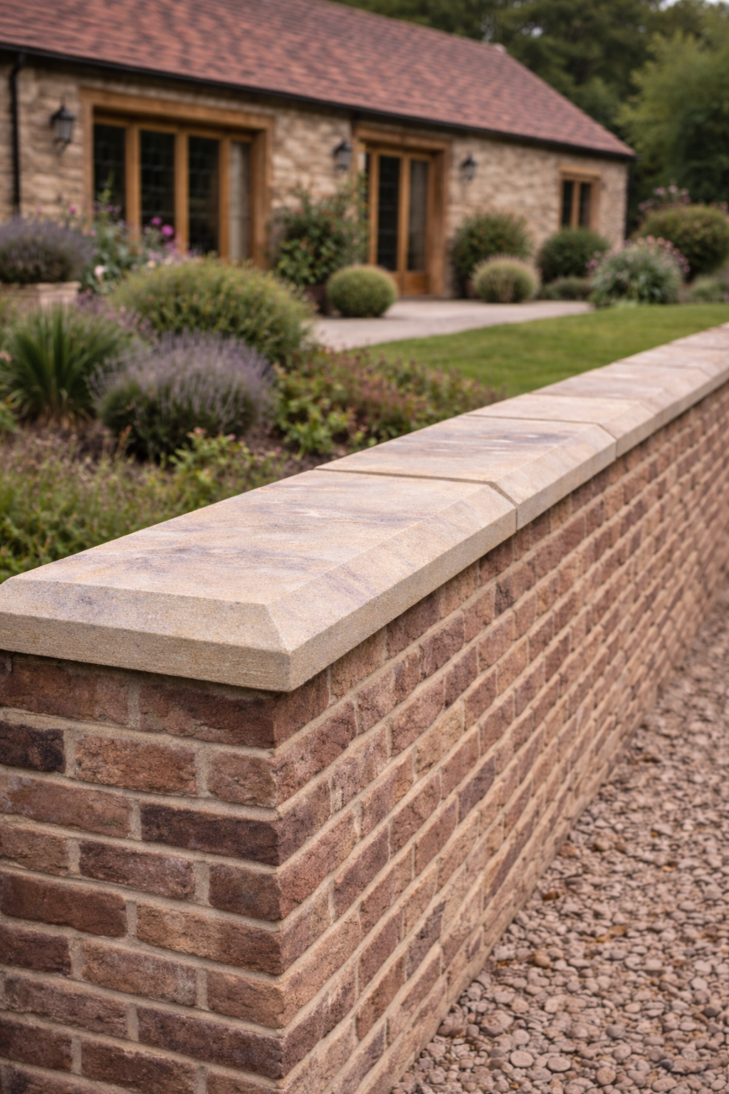 Chamfered edge limestone coping stones installed on a brick garden wall with a landscaped garden and stone property in the background.