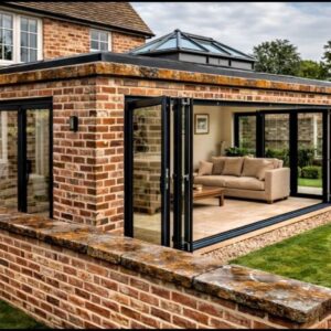 Once weathered ironstone copings on brick garden wall and on modern orangery with bifold doors